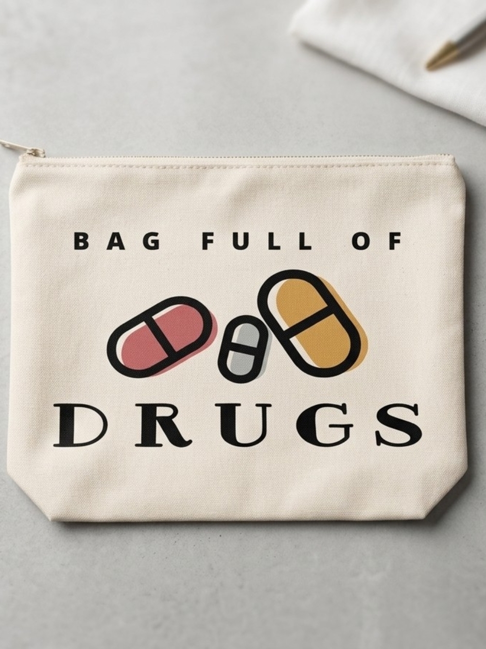 Canvas Pouch "Bag Full of Drugs" with Pill Graphic -NWT